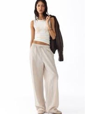 H&M Light Beige Drawstring Linen-Blend Women's Chinos